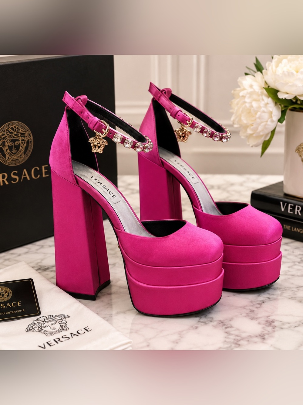 VERSACE Medusa Aevitas Platform Pumps Pink Satin Crystal Strap Shoes EU 35 US 5